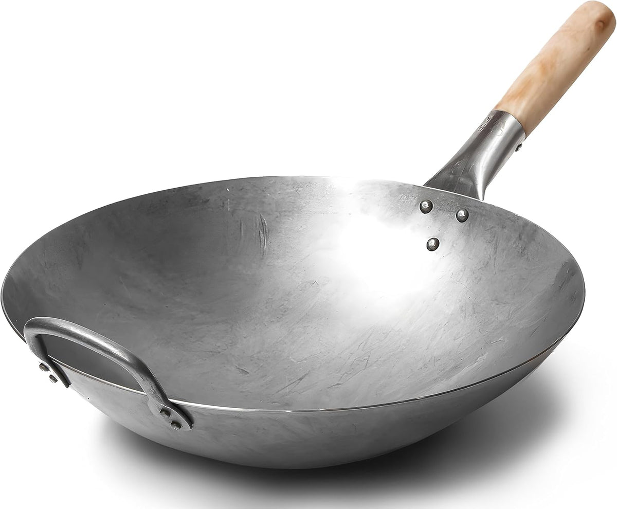 Craft Wok Traditional Hand Hammered Chinese Carbon Steel Wok with Wooden and Steel Helper Handle (14 Inch, Round Bottom Pow Wok Pan) / 731W88