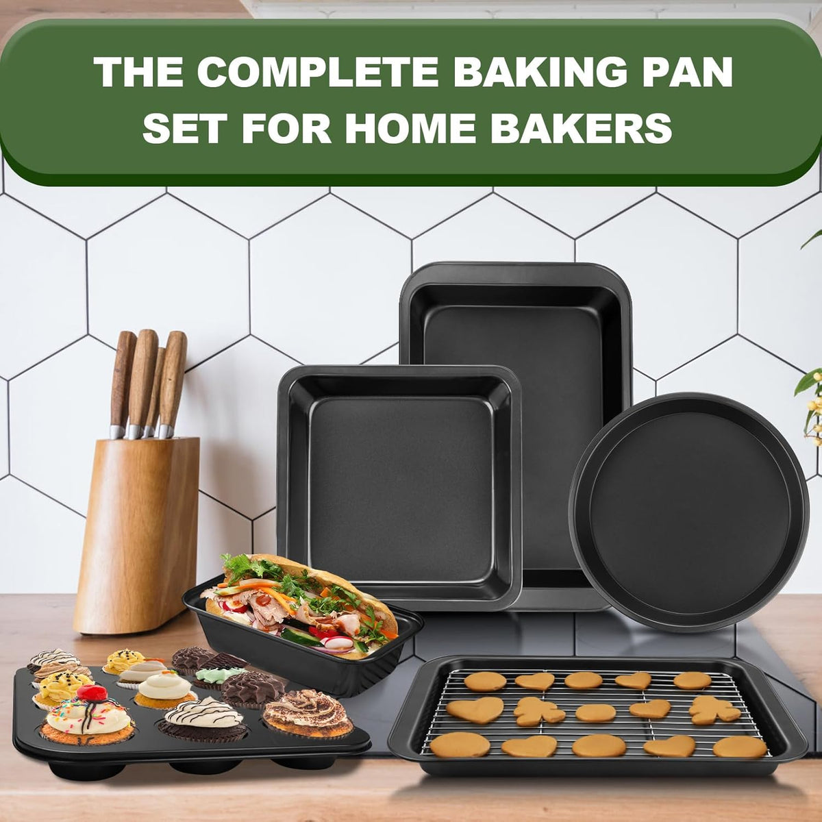 EWFEN Bakeware Sets, Baking Pans Set, Nonstick Oven Pan for Kitchen with Wider Grips, 7-Piece with Round/Square Cake Pan, Loaf Pan, Muffin Pan, Cookie Sheet, Roast Pan, Cooling Rack, Carbon Steel Bake