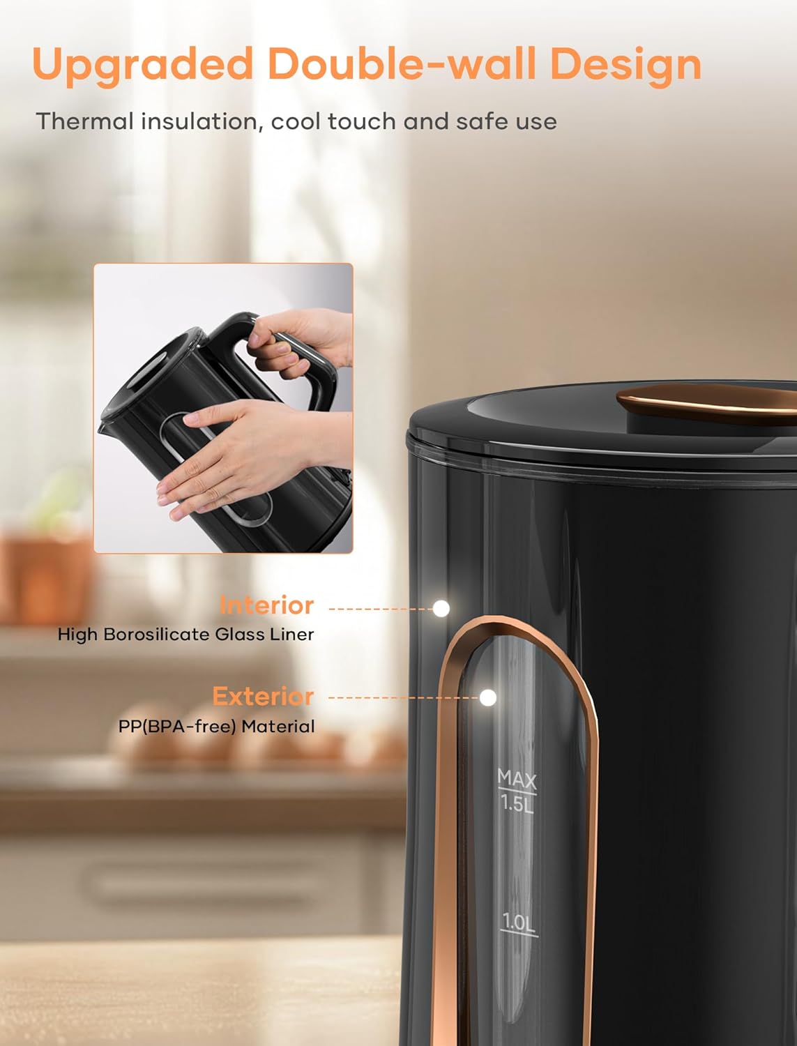 Offacy Electric Kettle, Tea Kettle Pot, Double Wall Glass Inner 1.5L/1200W, Hot Water Kettle Teapot Boiler & Heater with Automatic Shut Off, BPA-Free & LED Indicator Lights, Black