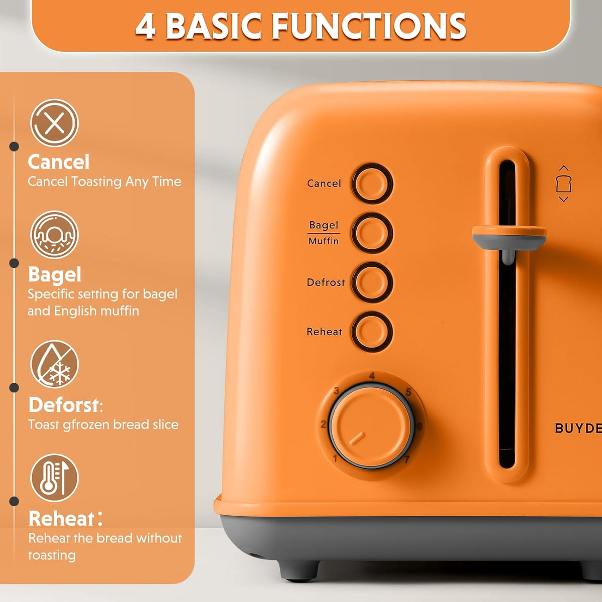 BUYDEEM DT620 2-Slice Toaster, Extra Wide Slots, Retro Stainless Steel with High Lift Lever, Bagel and Muffin Function, Removal Crumb Tray, 7-Shade Settings,Orange
