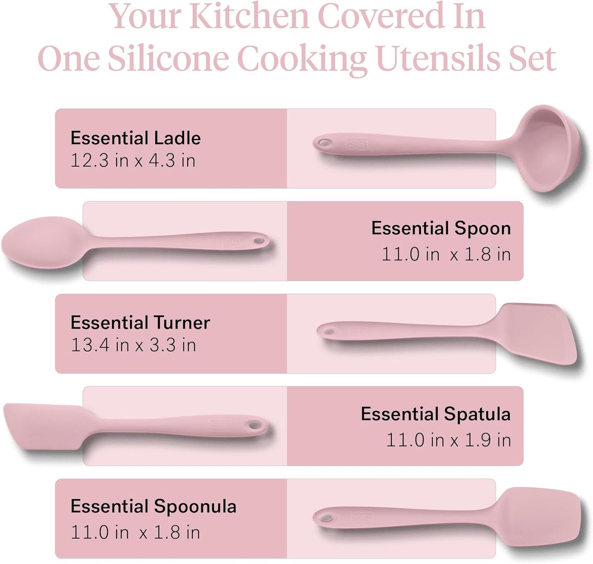 GIR: Get It Right - 5 Piece Essentials All Purpose Set - Ladle, Spatula, Flip, Spoon & Spoonula, Non-stick, Heat Resistant, Dishwasher Safe, Kitchen Utensils, Baking Supplies - Rose