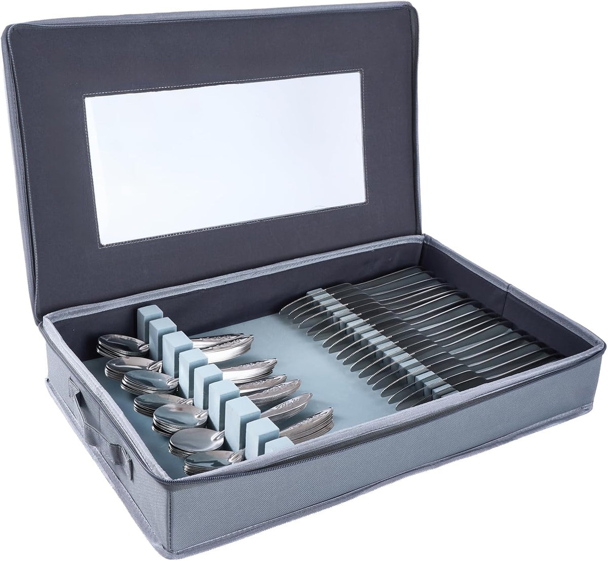 Zippered Silverware Storage Box, with Felt Lined and Clear Lid, Gray Fabric Chest Case for Storage and Organizing Utensils, Silverware, Flatware, Cutlery, Large Containers(No Cutlery Included)