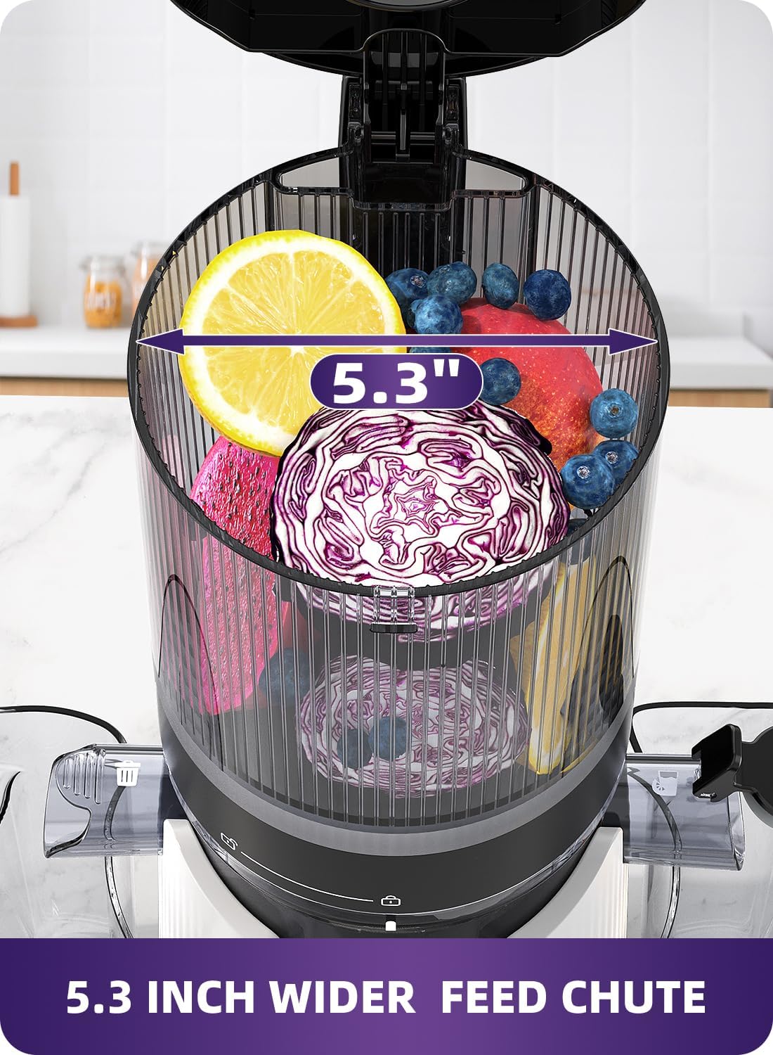 ACOQOOS Juicer Machines, Cold Press Juicer Whole Fruit and Vegetable with 5.3" Wider and Larger Feeding Chute (Capacity 1.8L), Easy to Clean Juicers with 2 Cups, Masticating Juicer White