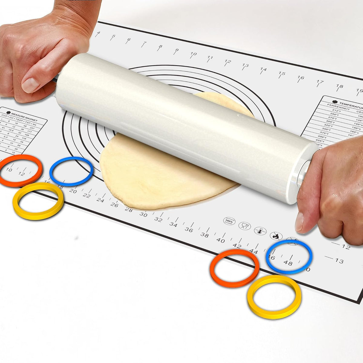 Marble Rolling Pin with Stainless Steel Handle for Baking,Fondant,Pizza,Cookie Crust,Pie,Cookies,Pastry, 18.5”(Includes handle) Marble Rolling Pin with 3 Multi-Color Thicknesses and Wood Stand