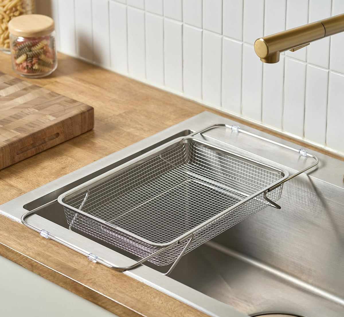 Extendable Dish Rack with Feet, Vegetable Colander Basket, Stainless Steel Dish or Silverware Drying Rack, Ultimate Kitchen Organizer Over The Sink (12.99 x 9.65 x 2.76 Inches)