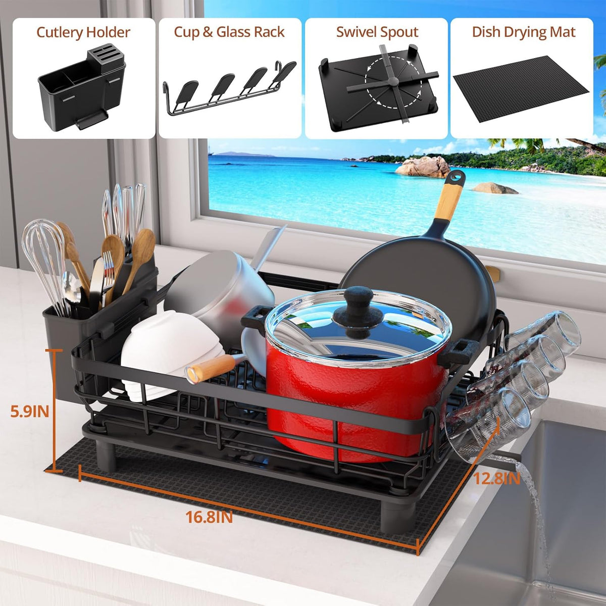 Godboat Dish Drying Rack, Dish Rack with Auto-Drain & Mat, Dish Drainers for Kitchen Counter, Glass Organizer for 4 Cups, 3 Slots Utensil Holder,Gifts for Women Mothers Day, Kitchen Gadgets & Decor