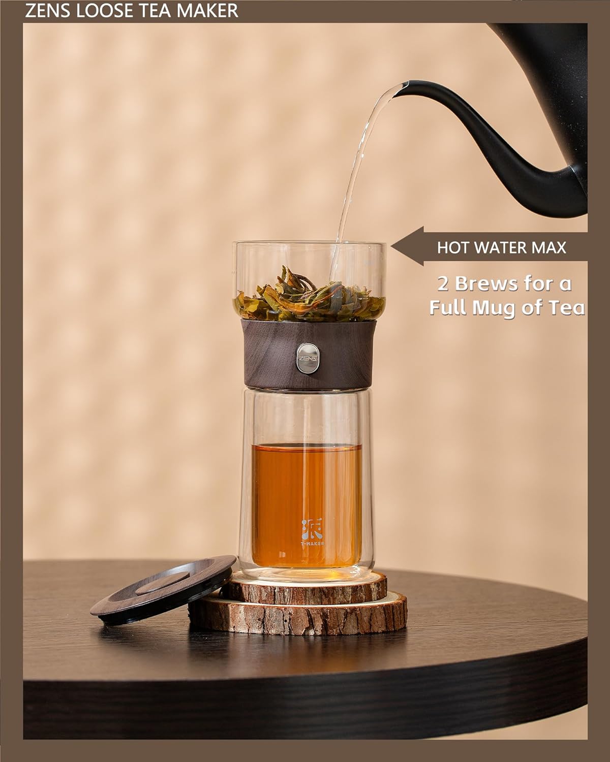 ZENS Modern Glass Infuser Teapot, One Touch Tea Maker for Loose Leaf Tea with Insulated Mug and Portable Case. Enchanted Pot Alternatives for Tea Lover Gifts