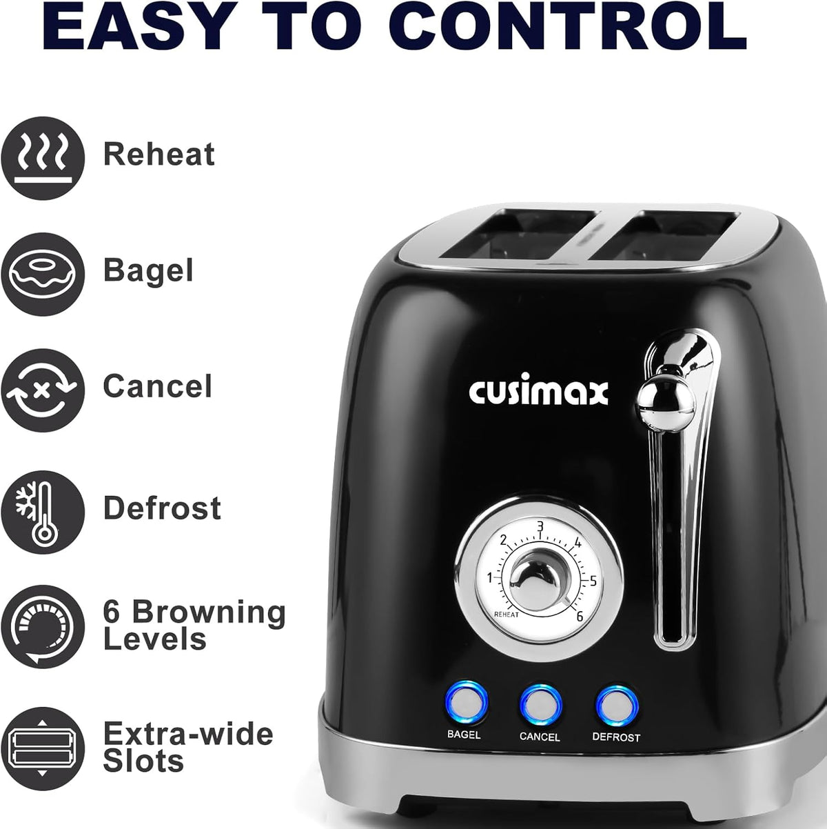 CUSIMAX Toaster 2 Slice with Extra Wide Slots for Bagels, Stainless Steel Toaster with 6 Toast Settings and 4 Functions, Bagel, Cancel, Defrost & Reheat, Removable Crumb Tray, Retro Toaster Black