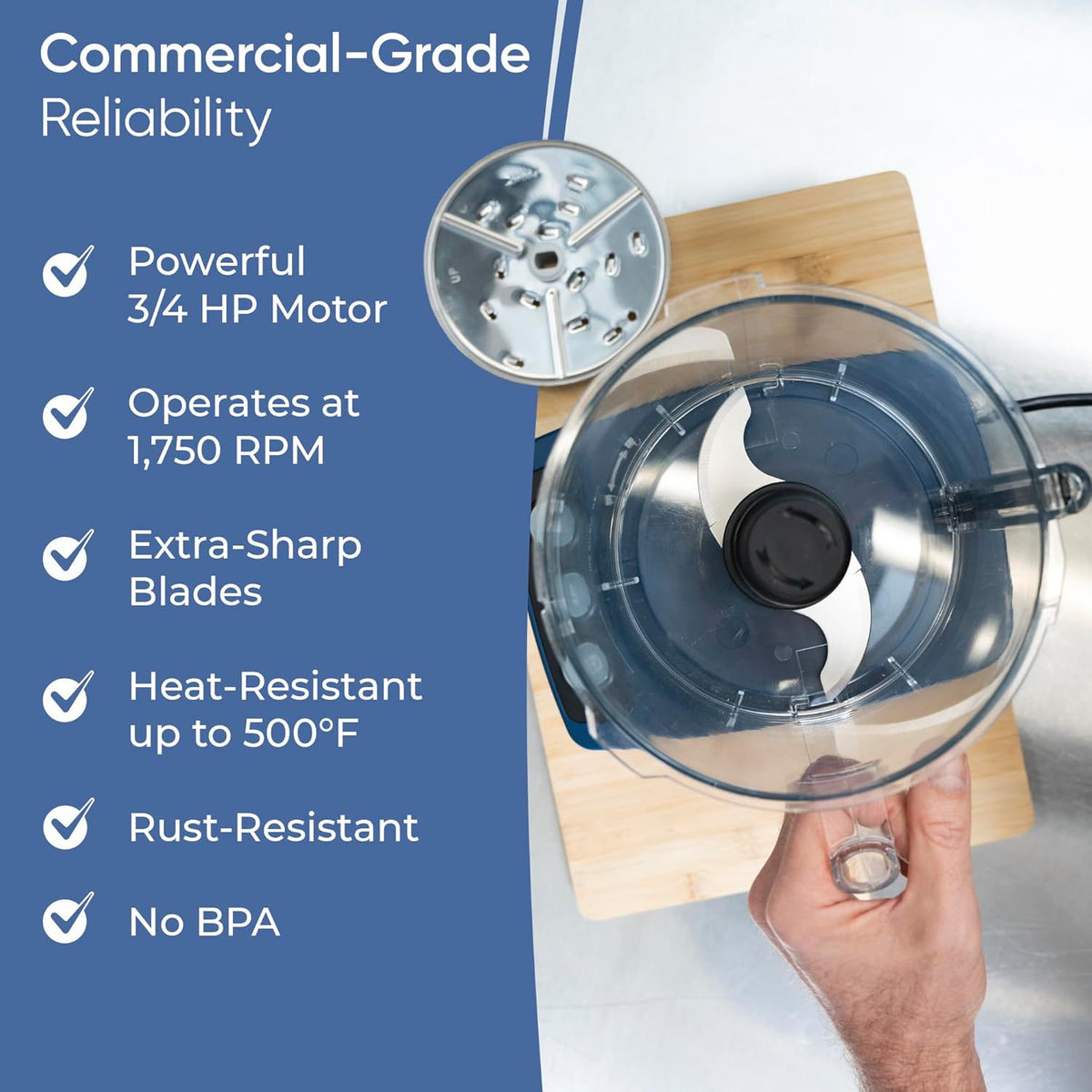 TK Tartle Commercial Food Processor - Heavy-Duty 600W Electric Chopper, Slicer & Shredder w/Flat lid, Continuous Feed, 3L Mixer Bowl & Stainless Steel Blades