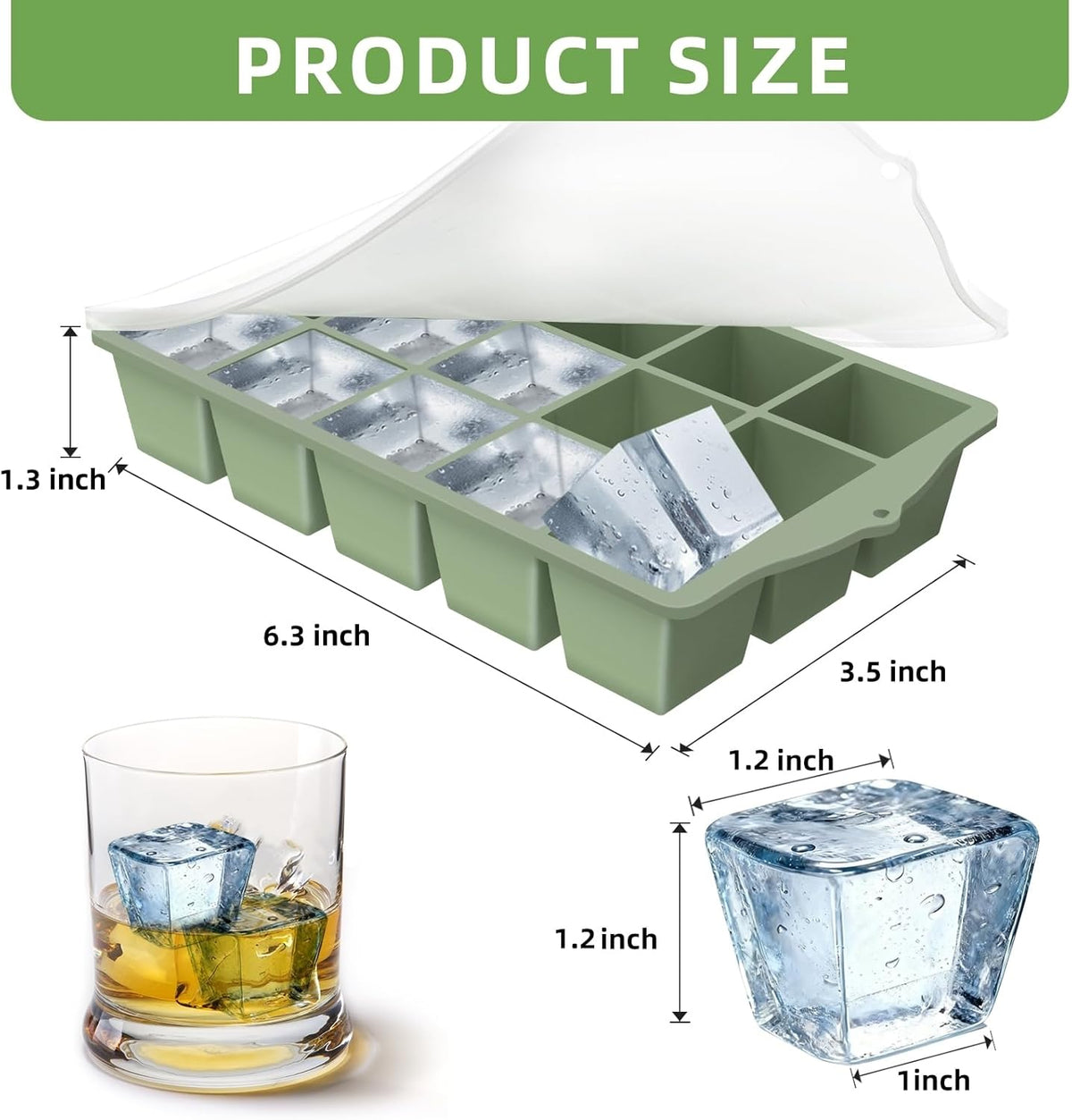 Silicone Ice Cube Tray, 2 Pack Easy-Release Stackable Ice Trays for Freezer with Lid 15 Reusable Cubes, Food Grade BPA Free Ice Molds for Whiskey, Baby Food, Coffee, Cocktail, Drinks (Green)