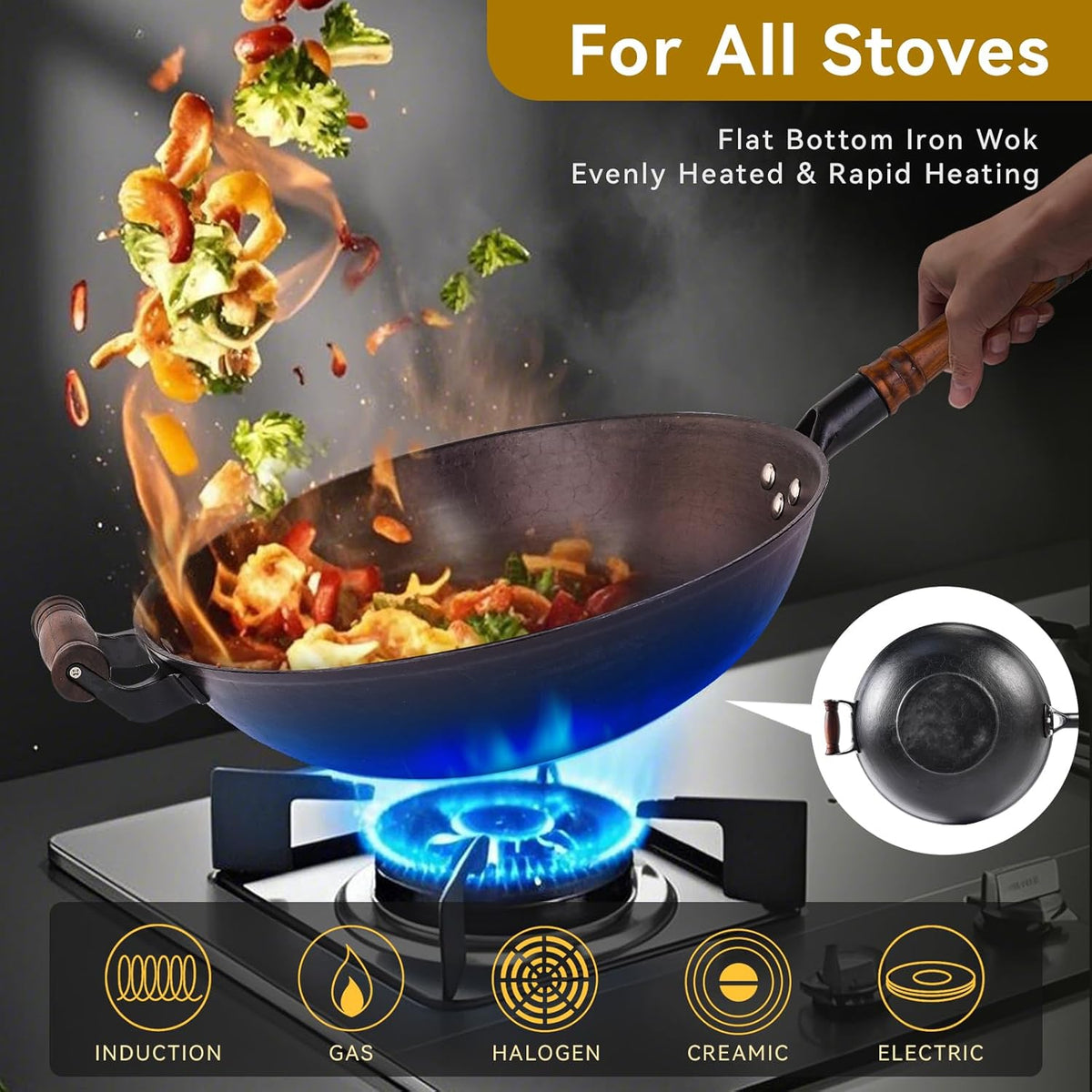 WANGYUANJI 13.4 Inch Cast Iron Wok with Lid – Flat Bottom Chinese Stir Fry Pan, Handcrafted Non-Coated Iron Cookware for Induction, Gas & Electric Stoves, Black