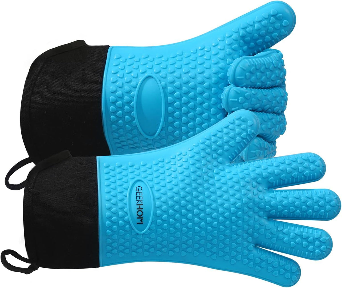 GEEKHOM BBQ Gloves Heat Resistant Oven Mitts - Silicone Grilling Gloves with 14" Long Arm Protection - Waterproof Pot Holder Non-Slip for Men & Women, Kitchen Cooking, Baking, Camping, Blue