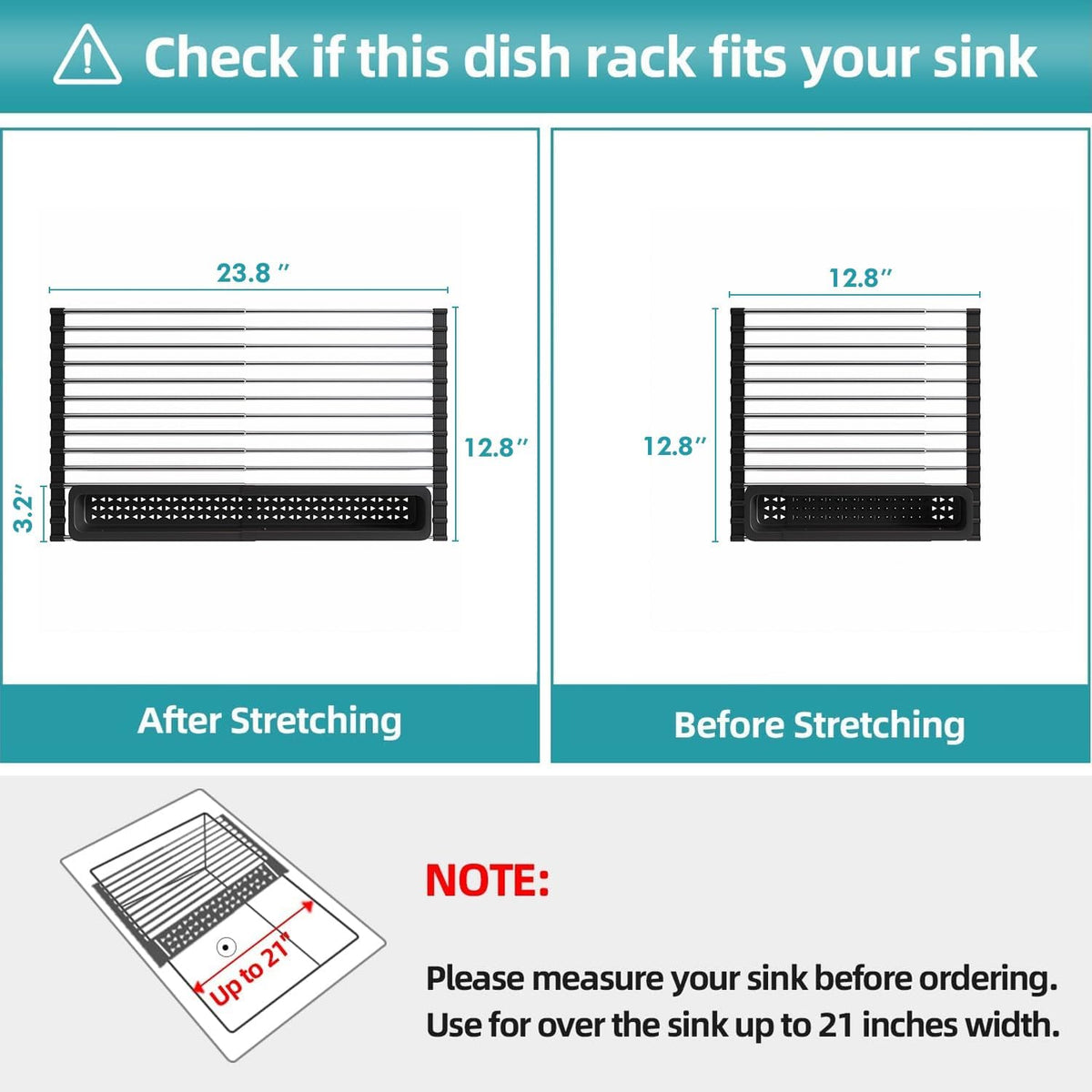 JASIWAY Roll Up Dish Drying Rack, Expandable (12.8"-23.8" D x 12.8" W) Stainless Steel Portable Over The Sink Dish Drainer for Kitchen Sink Counter, Foldable Sink Cover with Removable Utensil Holder