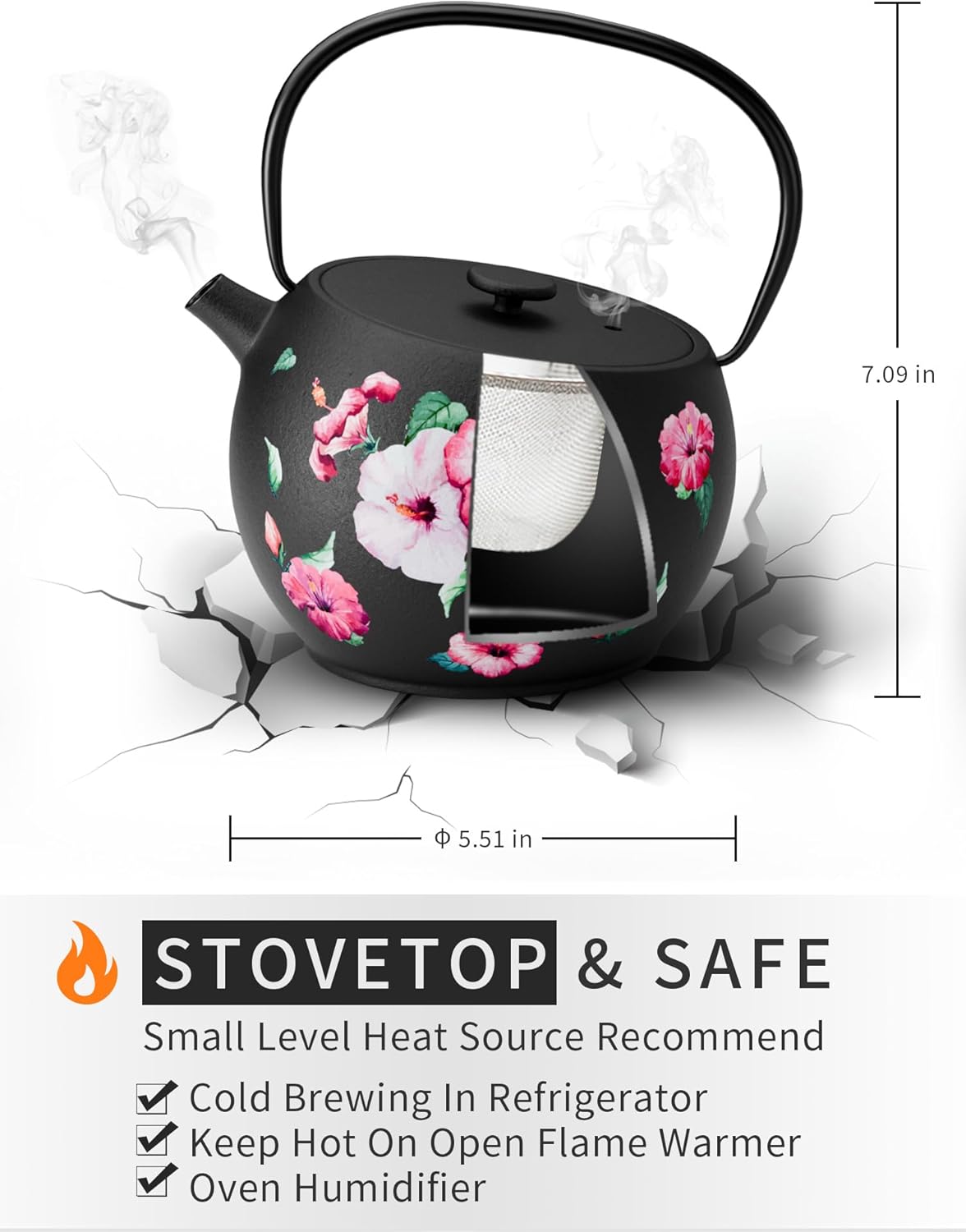 Toptier Teapot with Removable Infuser, Cast Iron Tea Kettle Stovetop Safe, Solid Geometry Ball Design Tea Pot Coated with Enameled Interior for 32 Ounce (950 ml), Morning Glory