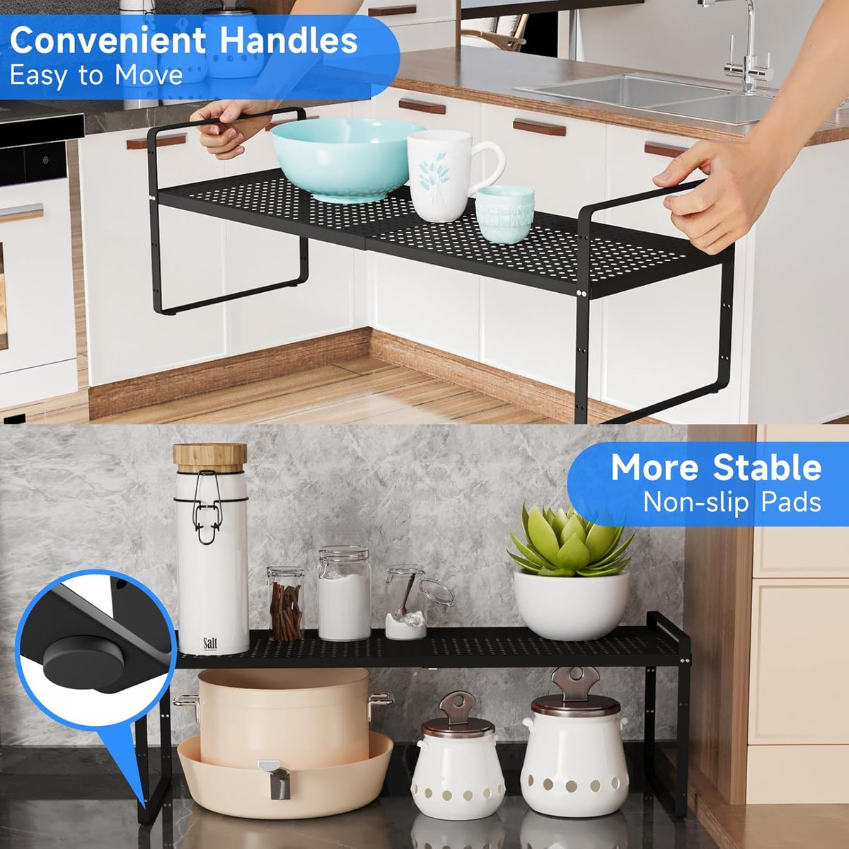 Expandable Cabinet Shelf Organizers, Kitchen Small Stand Rack Organization for Countertop Cupborad Pantry, Black 1 Pack