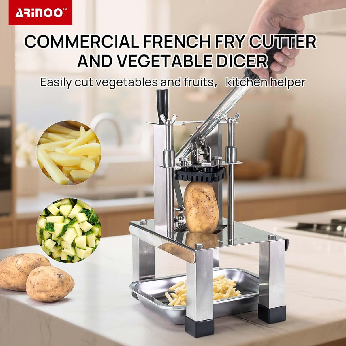 Commercial French Fry Cutter and Vegetable Dicer with 3 Stainless Steel Blades – 3/8", 1/2", 1/4" – Heavy Duty Stainless Steel Potato Slicer for Home and Restaurant Use