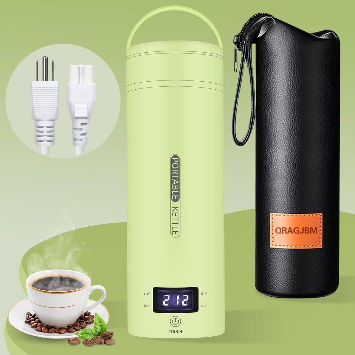 Travel Electric Kettle Portable Small Mini Tea Coffee Kettle Water Boiler, Water Heater with 4 Temperature Control,304 Stainless Steel with Auto Shut-Off & Boil Dry Protection, BPA-Free (Green)