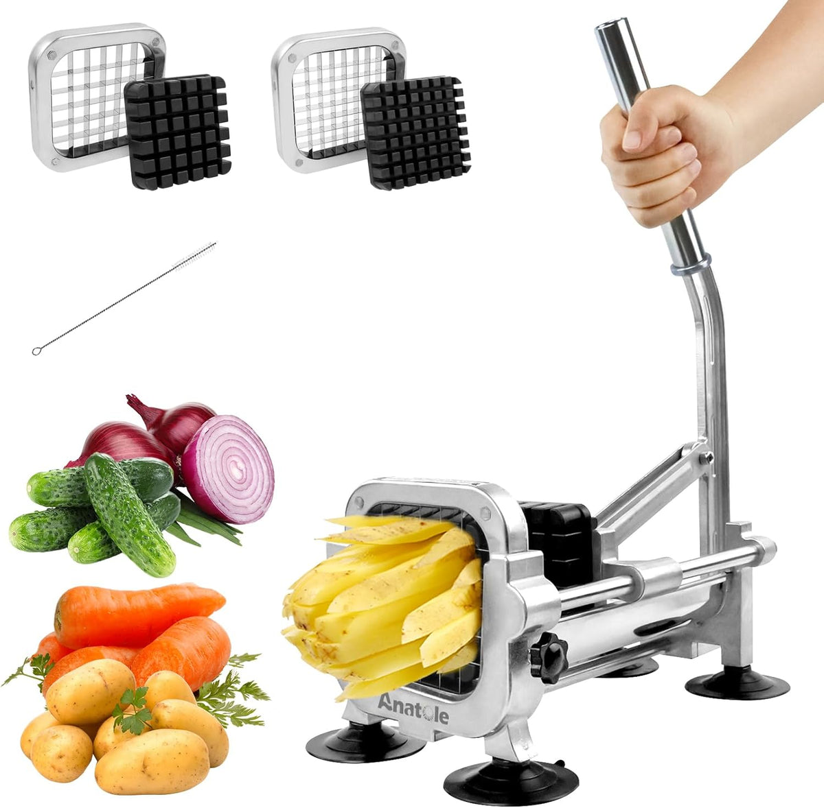 Anatole Professional French Fry Cutter Stainless Steel with 3/8'' 1/2'' Blades Manual Potato Slicer Veggie Chopper Homestyle Dicer for Onions Carrots Cucumbers