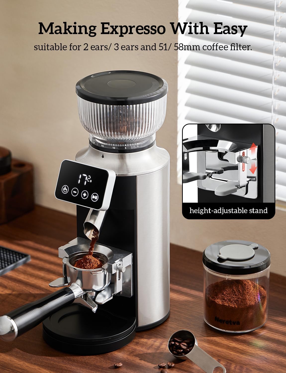 Neretva Burr Coffee Grinder, 2 in 1 Professional Espresso Grinder Stainless Steel Suit 51~58mm Portafilter Coffee Bean Grinder 30 Precise Setting & Anti-Static for Espresso/French Press/Drip/Cold Brew