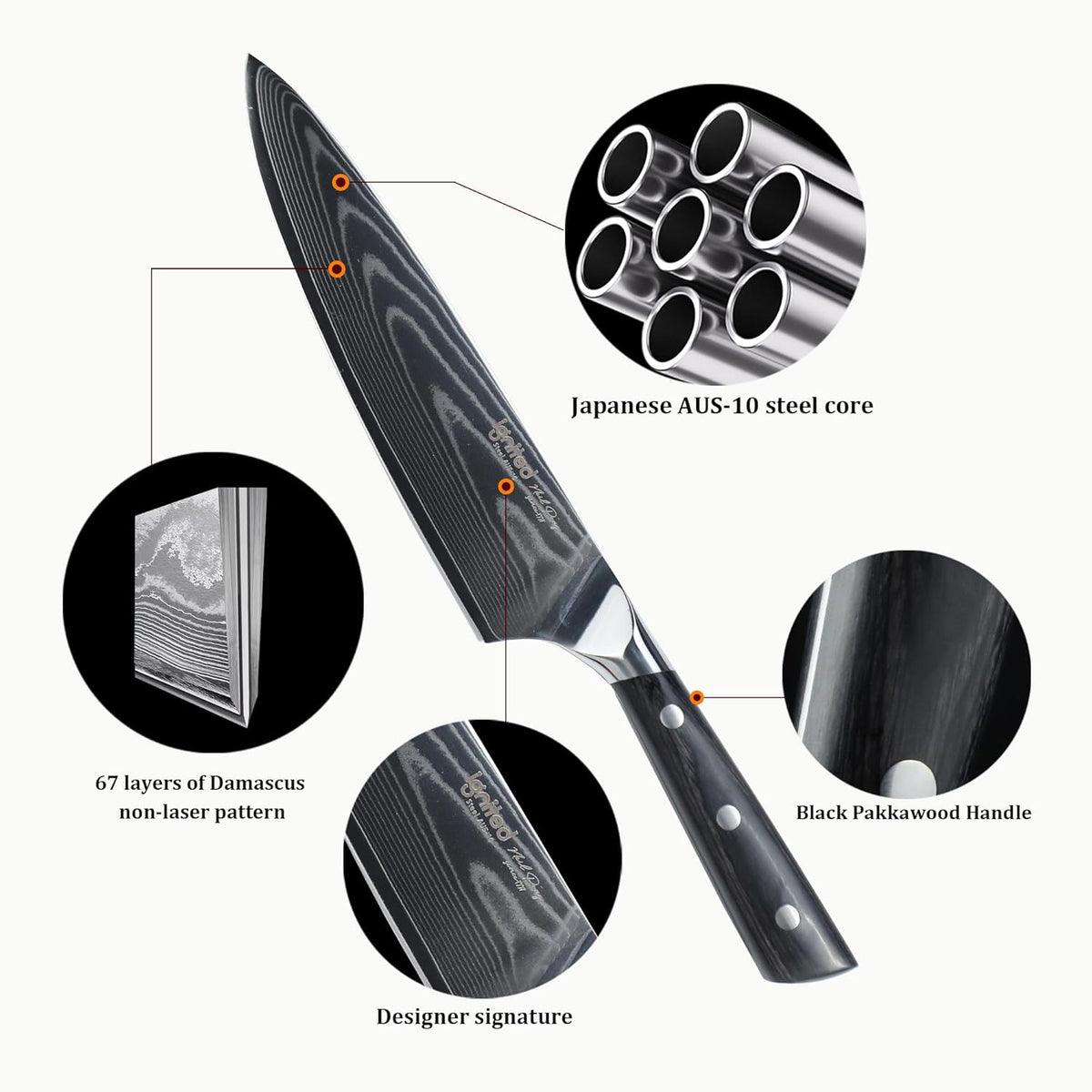 Damascus Chef Knife 8 Inch, Professional Chefs Knife With Japanese Aus-10 High Carbon Stainless Steel, Japanese Chef Knife With Black Pakkawood Handle, Chef's Kitchen Cutting Knife