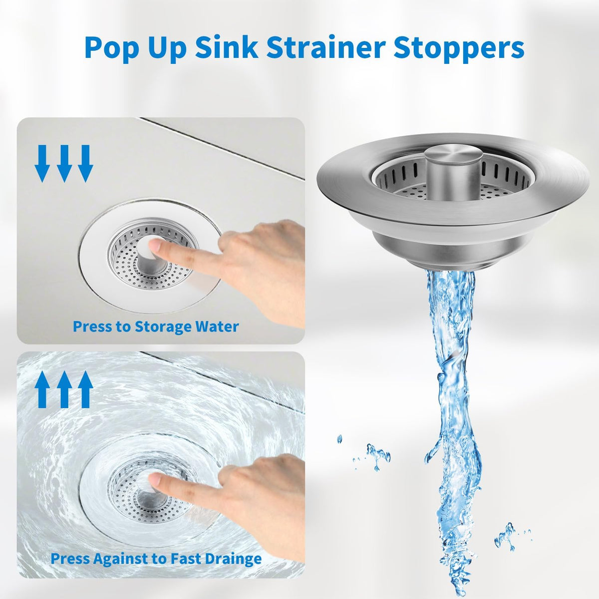 3 in 1 Kitchen Sink Drain Strainer, Upgraded Stainless Steel Sink Stopper Anti-Clogging Pop Up Sink Strainer with Basket Strainer for US Standard 3-1/2" Drain (Silver-1Pcs)