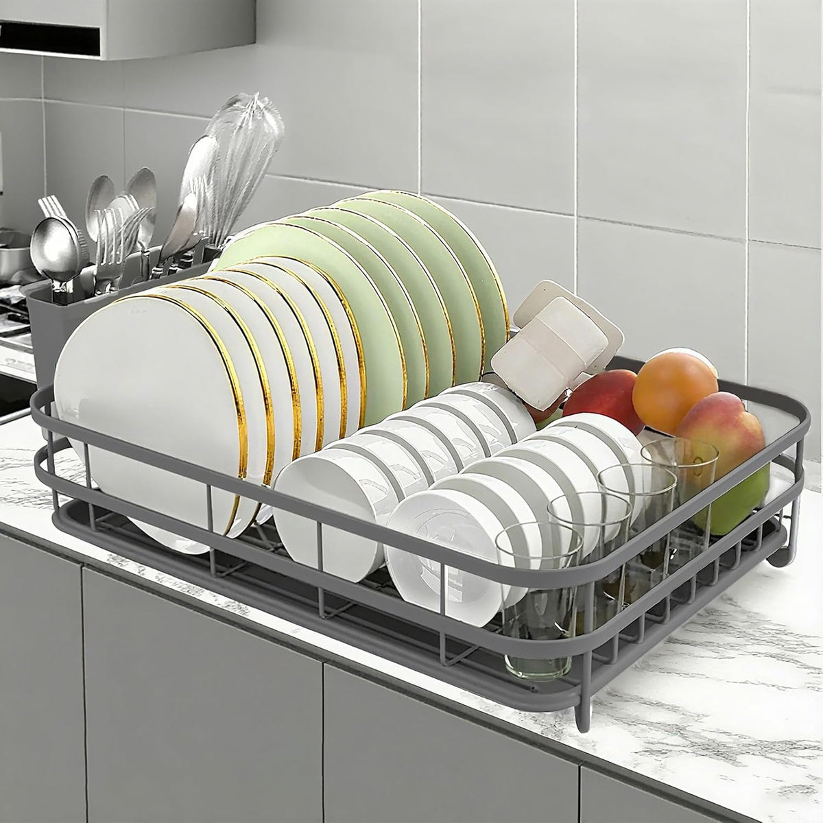 Dish Drying Rack Stainless Steel Drying Racks for Kitchen Counter Large Capacity Storage Racks with Drainboard Curlery Holder Gray