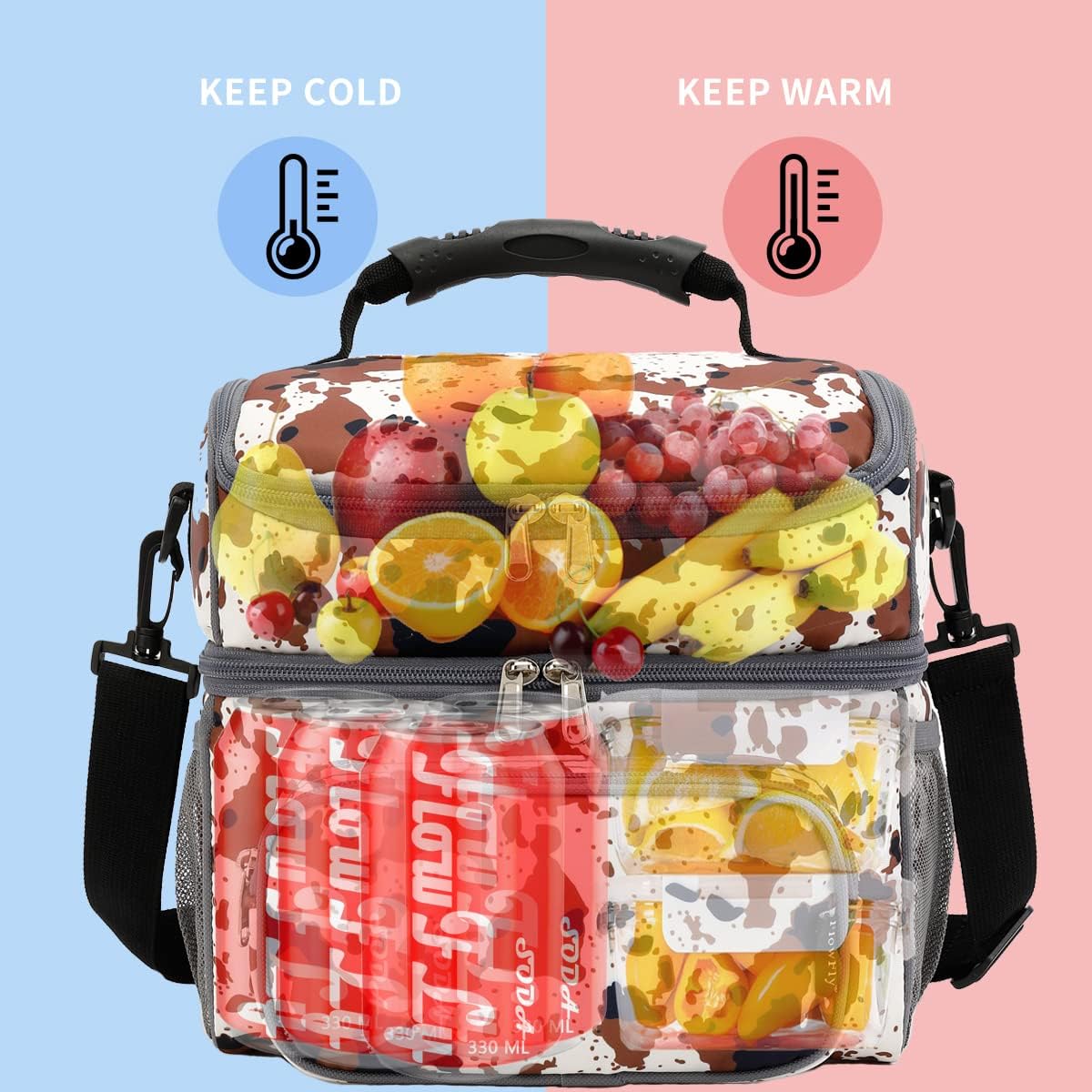 FlowFly Double Layer Cooler Insulated Lunch Bag Adult Lunch Box Large Tote Bag for Men, Women, With Adjustable Strap,Front Pocket and Dual Large Mesh Side Pockets