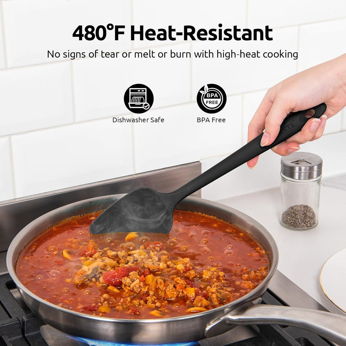 U-Taste Silicone Spoon Spatula Set: 480ºF Heat Resistant Food Grade Flexible Rubber Spoonula, Nonstick Cooking Mixing Scooping Kitchen Baking Scraper Utensils Set of 3 for Pan, Pot, Bowl (Black)