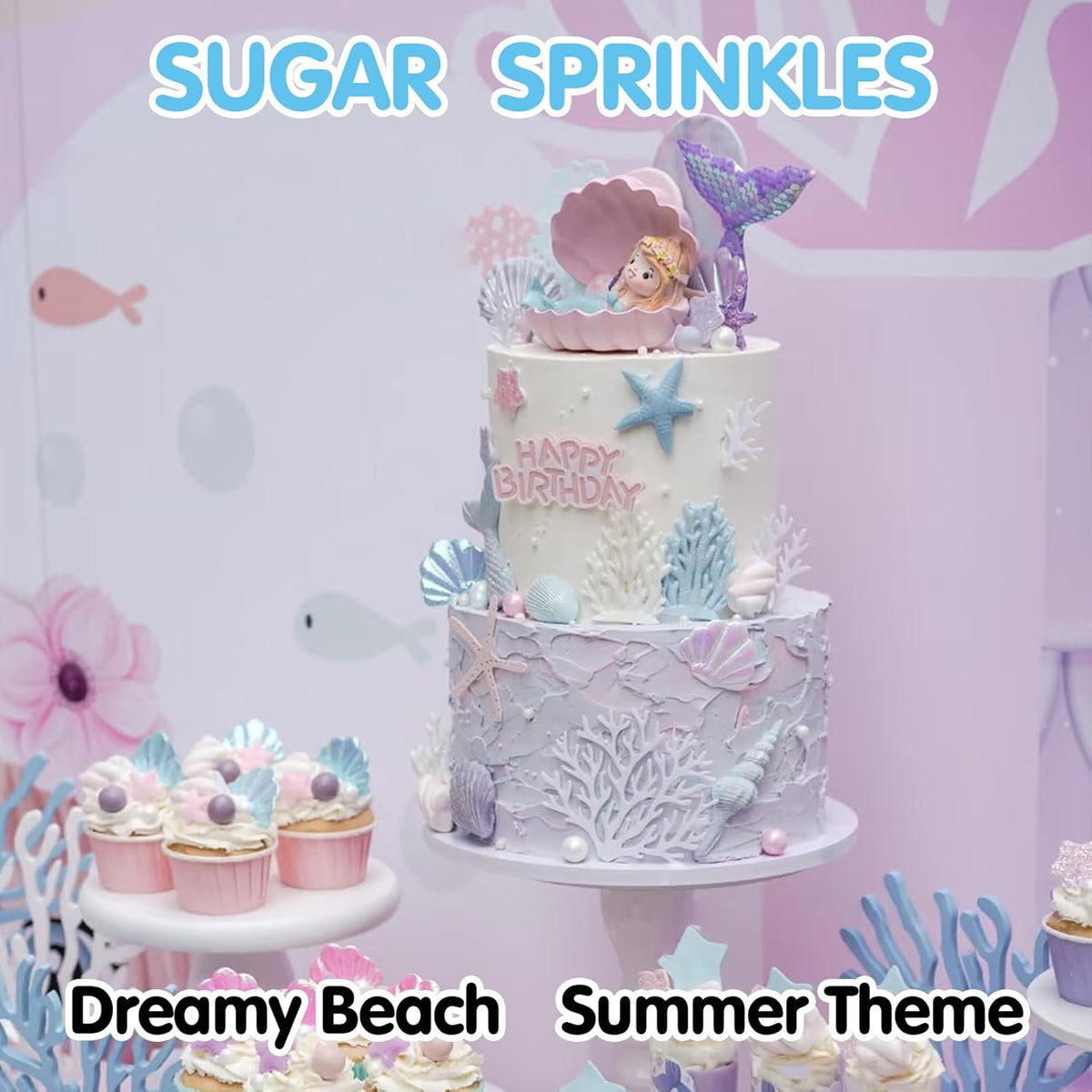 Edible Seashell Sprinkles Cake Decorating,130g/4.58oz,Pink Purple Pearl Sugar Sprinkle,Mix Sea Beach Stars Shell Sprinkles, Ocean Theme Baking Candy Decorations,Cupcake,Ice Cream Cookie Donuts Toppings,Birthday Children's Summer Party Supplies