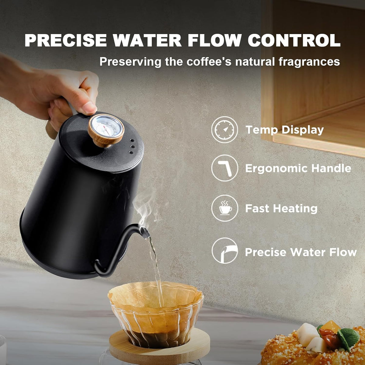 Nueve&Five Gooseneck Electric Kettle with Thermometer， Black Electric Kettle 1L with Auto Shut-Off，1000W Hot Water Kettle of Stainless Steel， Pour Over Kettle for Coffee & Tea