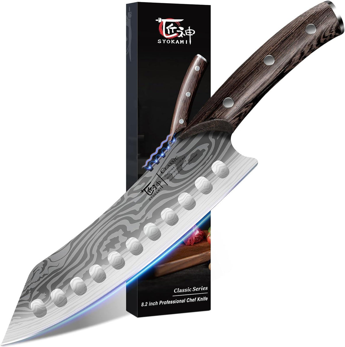 Kiritsuke knife, 8.2 Inch Chef Knife, Japanese Style High Carbon Steel, Razor Sharp for Precision Cutting, Damascus Pattern, Ergonomic Full Tang Wood Handle, Birthday Wedding Cooking Gifts