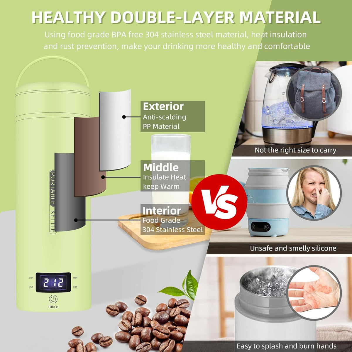 Travel Electric Kettle Portable Small Mini Tea Coffee Kettle Water Boiler, Water Heater with 4 Temperature Control,304 Stainless Steel with Auto Shut-Off & Boil Dry Protection, BPA-Free (Green)