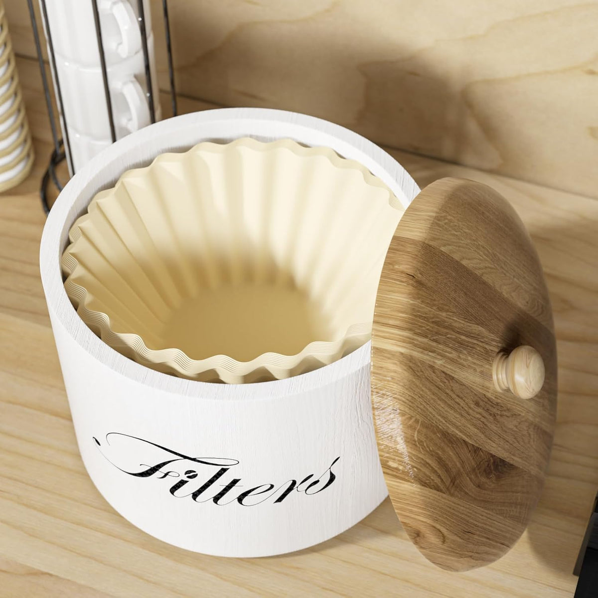 Wooden Coffee Filter Holder, Basket Storage Container for Counter, Black Small Bar Accessories for Coffee Bar Station(White Wooden)