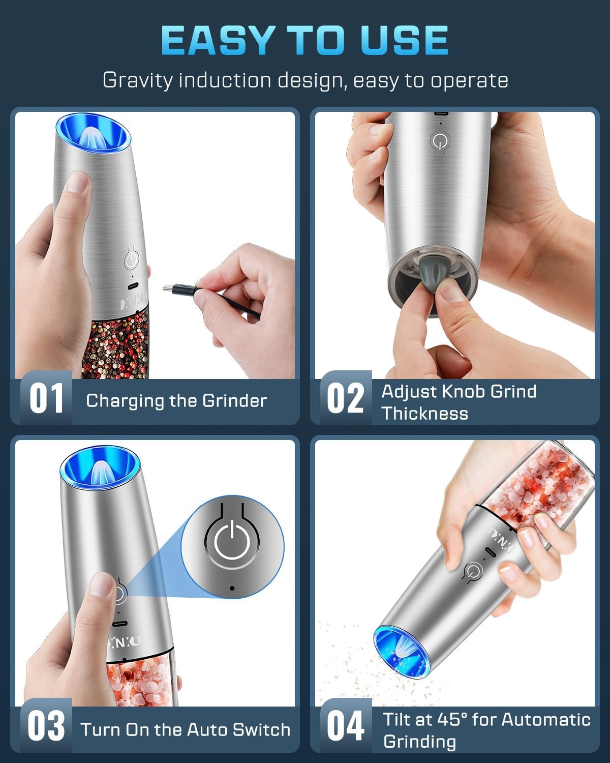 XinXu RECHARGEABLE Pepper and Salt Grinder Set,Automatic Pepper Mill,USB Rechargeable,Adjustable Coarseness,One-handed Operation,Ceramic Burr,Refillable,Auto Grinders Shakers LED Light,Sliver