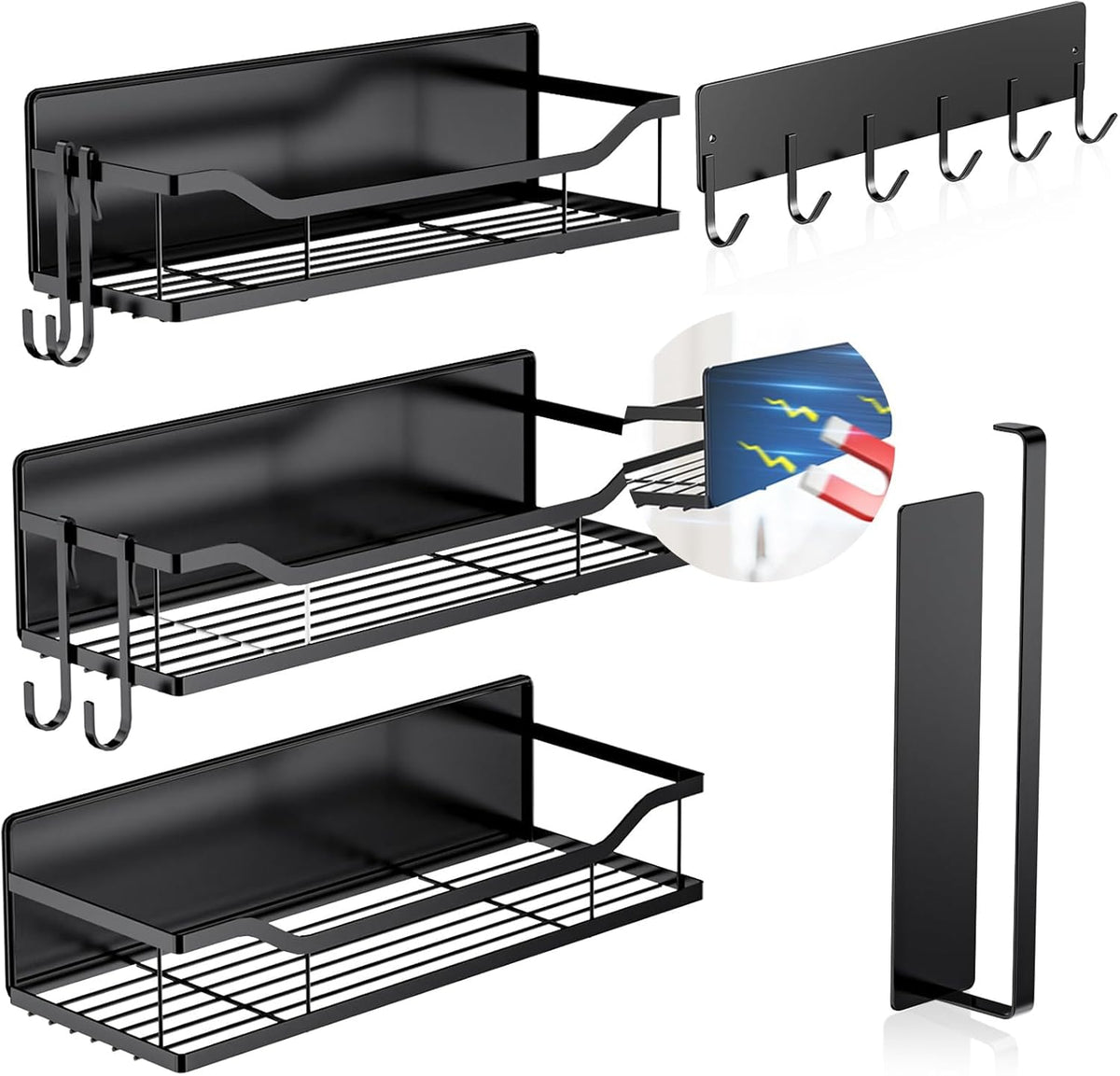 5 Pack Multifunctional Magnetic Shelves for Refrigerator Spice Rack & Washing Machine Organize, Include Paper Towel Holder, Kitchen Utensil Hanger and Hooks, Strong Magnet for Secure Hold (Black)