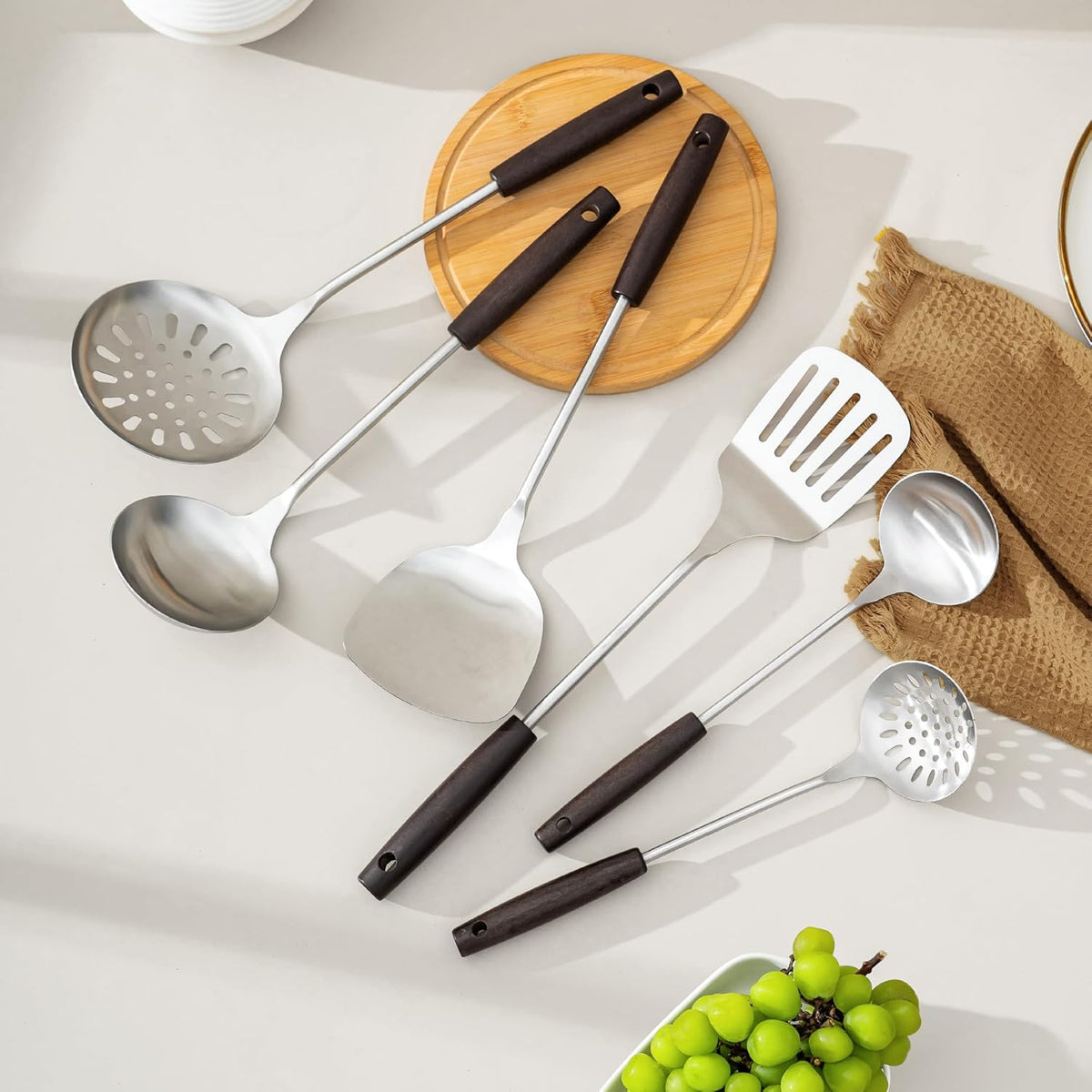 FJNATINH Cooking Utensils Set with Wood Handle, 6 PCS Wok Utensils Tools - Wok Accessories Cookware Set