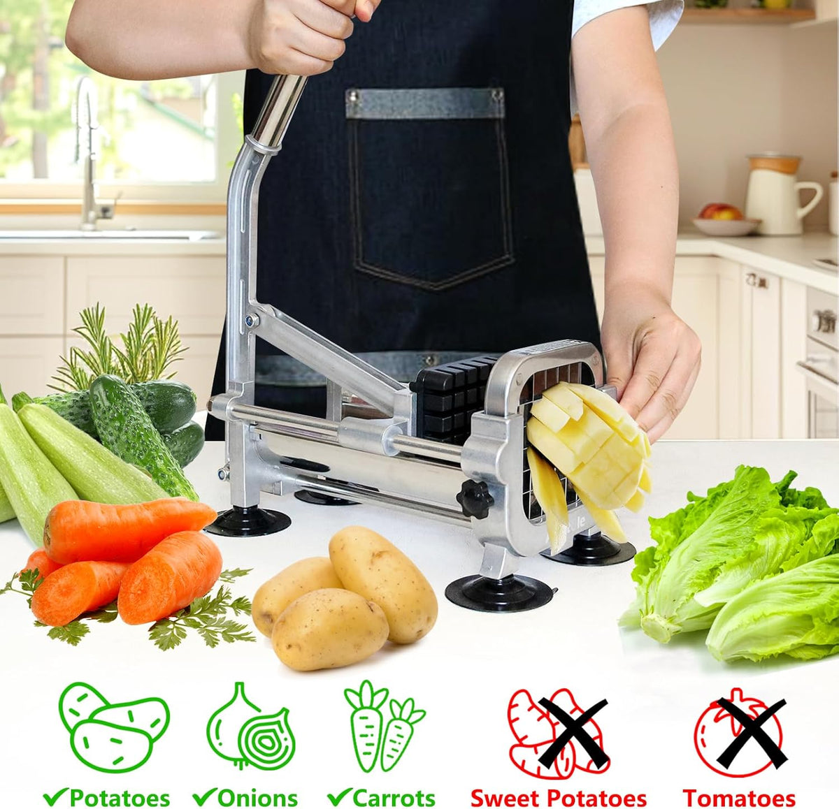 Anatole Professional French Fry Cutter Stainless Steel with 3/8'' 1/2'' Blades Manual Potato Slicer Veggie Chopper Homestyle Dicer for Onions Carrots Cucumbers