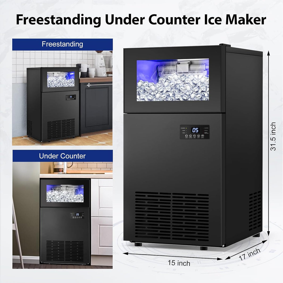 Commercial Ice Maker 160 LBS/24H, 15" Wide Under Counter Ice Maker with 35LBS Ice Storage Capacity, Commercial Ice Machine 63Pcs Clear Ice Cubes Built-in or Freestanding Large Ice Machine