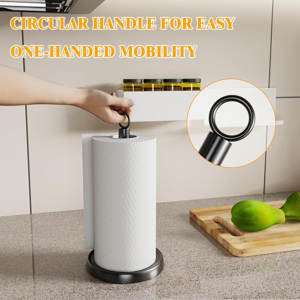 HZE Paper Towel Holder Countertop, One-Handed Tear, Stainless Steel, Weighted Base, Ring Paper Towel Holder Stand with Ratchet System for Kitchen Farmhouse Essentials Decor Accessories (Matte Black)