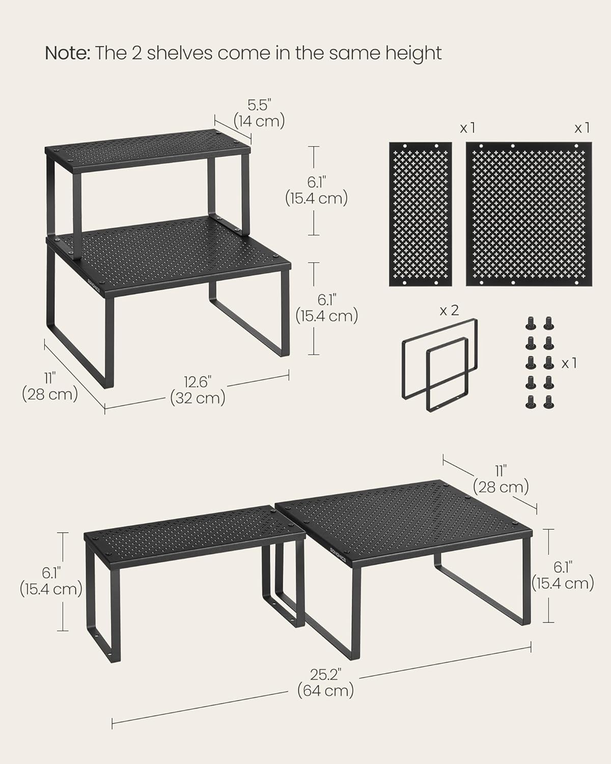 SONGMICS Spice Racks, Set of 2 Metal Cabinet Shelf Organizers, Countertop Organizers, Shelf Risers, Stackable, Expandable, Ink Black UKCS005B01