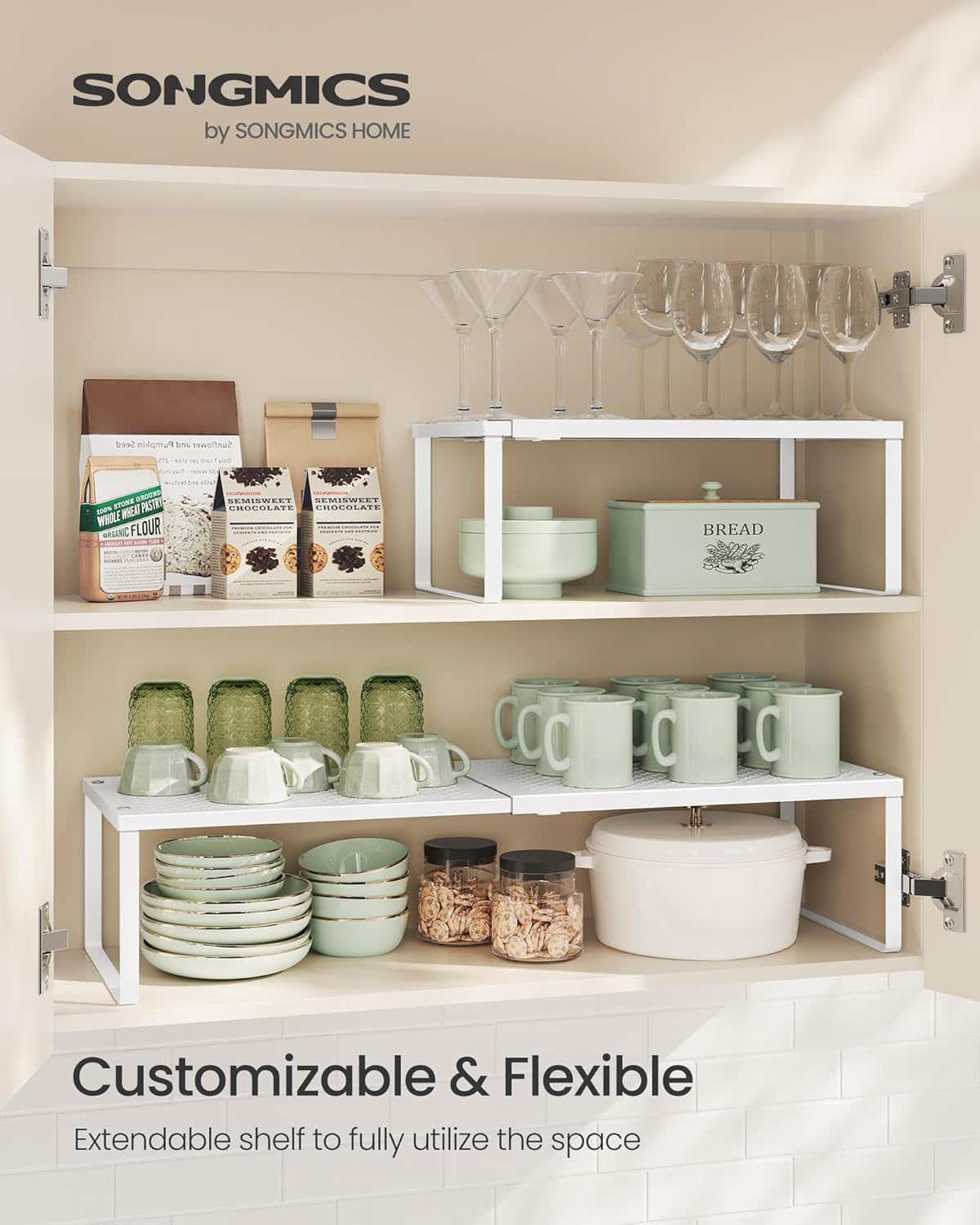 SONGMICS Set of 2 Expandable Pantry Kitchen Organizers, Adjustable Spice Rack, Stackable Cabinet Organizers, Metal, Space-Saving Tabletop Shelves, Matte White UKCS402W01