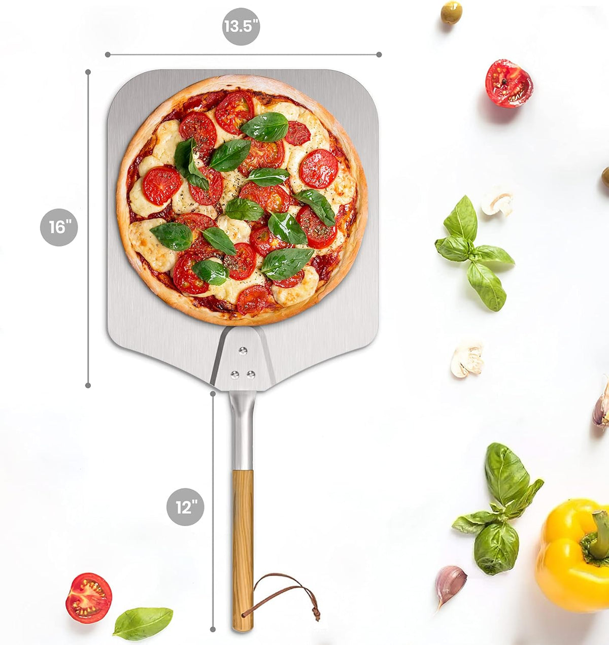 only fire 28" Long Metal Pizza Peel with Wooden Handle for Indoor & Outdoor Grill Oven, 13.5 x 16 inch Pizza Baking Spatula Paddle for Baking Bread Pie