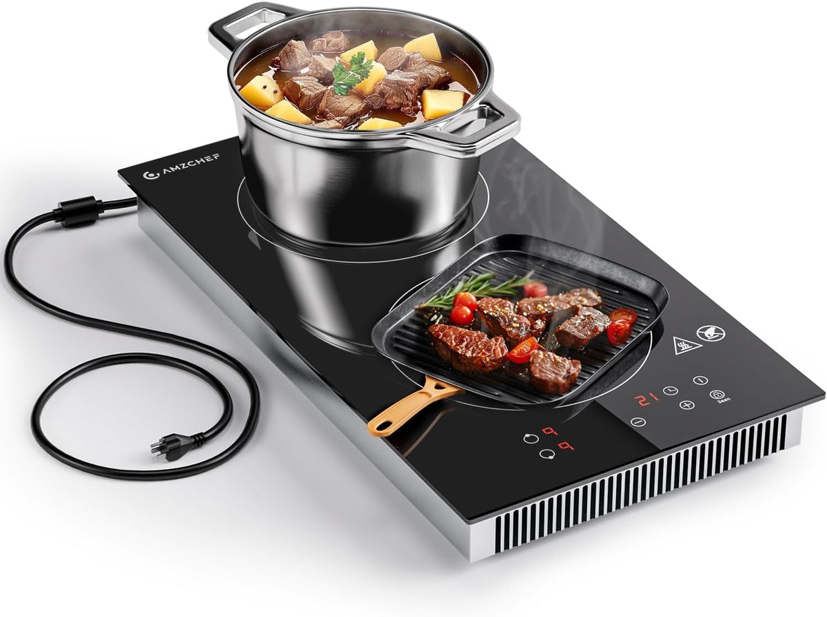 AMZCHEF Induction Cooktop 2 Burners, 12 Inch Bulit-in & Countertop Induction Stove with Plug 110V-120V, 9 Power Levels Electric Stove 1800W, Child Lock, Timer, Touch Control for Fast Cooking