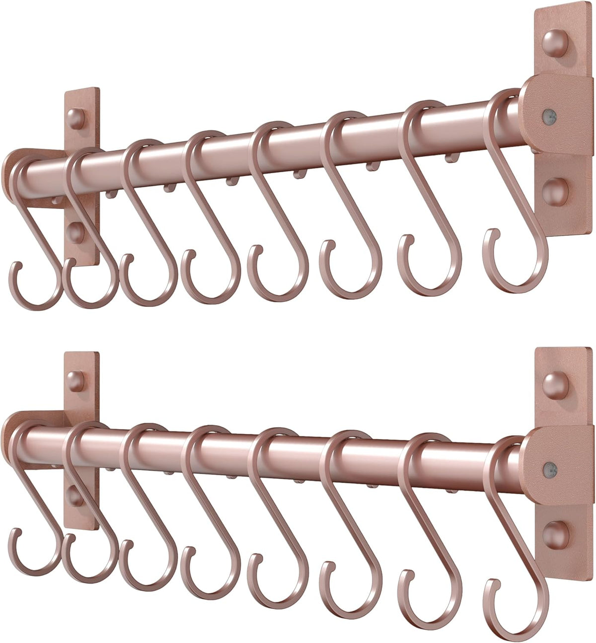 Dseap Kitchen Utensil Holder Hanger, Pot and Pan Rack Wall Mounted, Kitchen Rail with 8 Hooks for Hanging Cooking Utensils, Mugs, Spoons, Wall Mounted, Rose Gold, Pack of 2