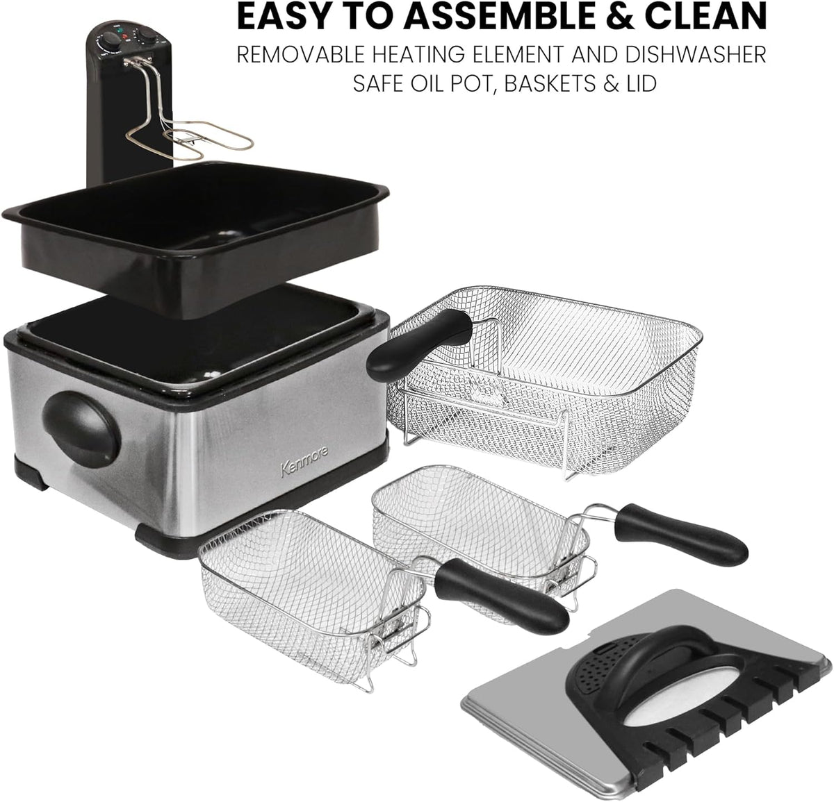 Kenmore Electric Deep Fryer - Grease & Odor Filtration, Simple Temperature Control, Eléctrica Freidoras For Home Use, 3 Baskets For Frying French Fries, Chicken Wing, 4 Liter Capacity Stainless Steel