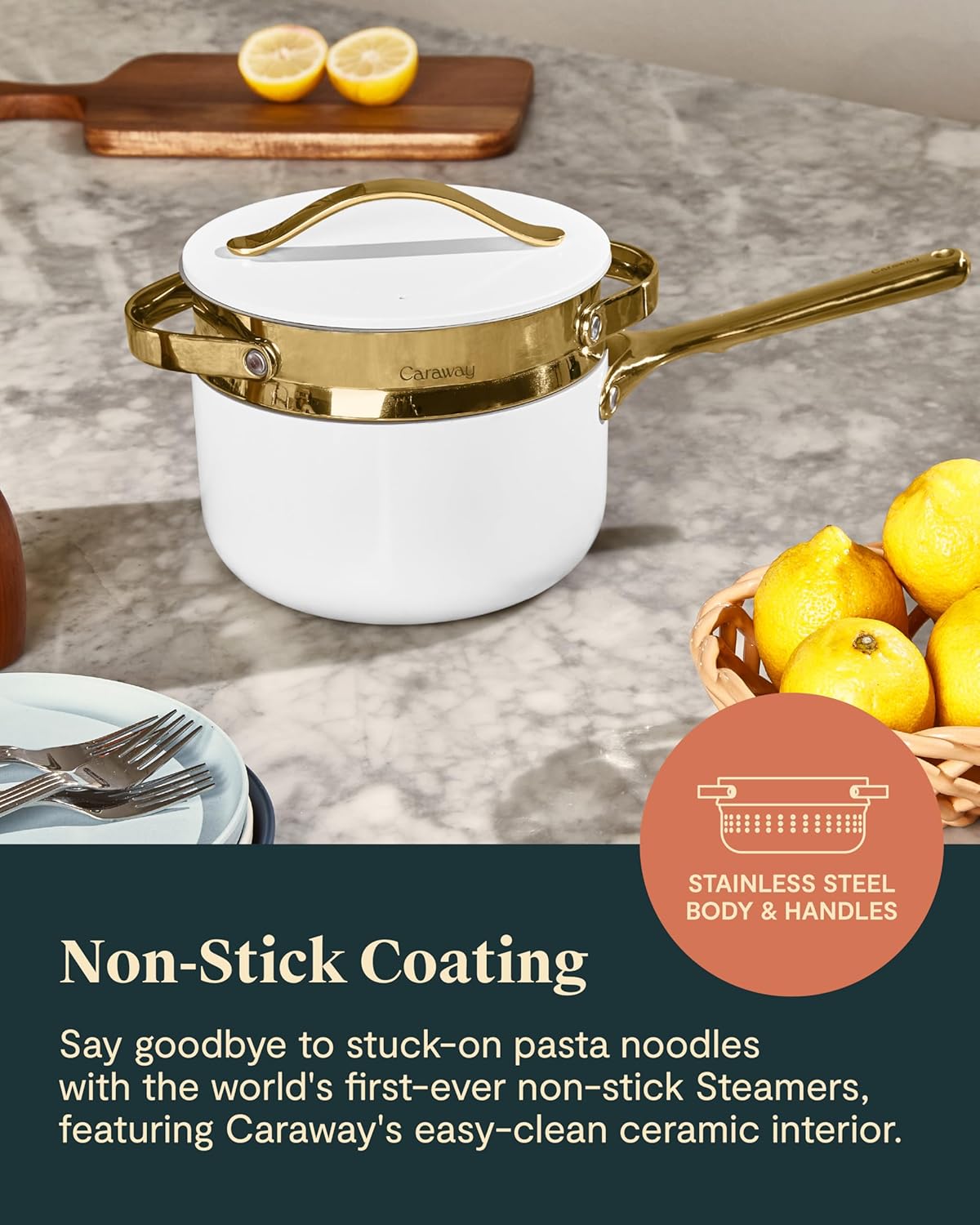 Caraway Steamer - Stainless Steel Steamer with Handles - Non Stick, Non Toxic Coating - Steam Veggies, Seafood, and More - Compatible With Our Dutch Oven or Sauce Pan - Small, 3qt - Gold