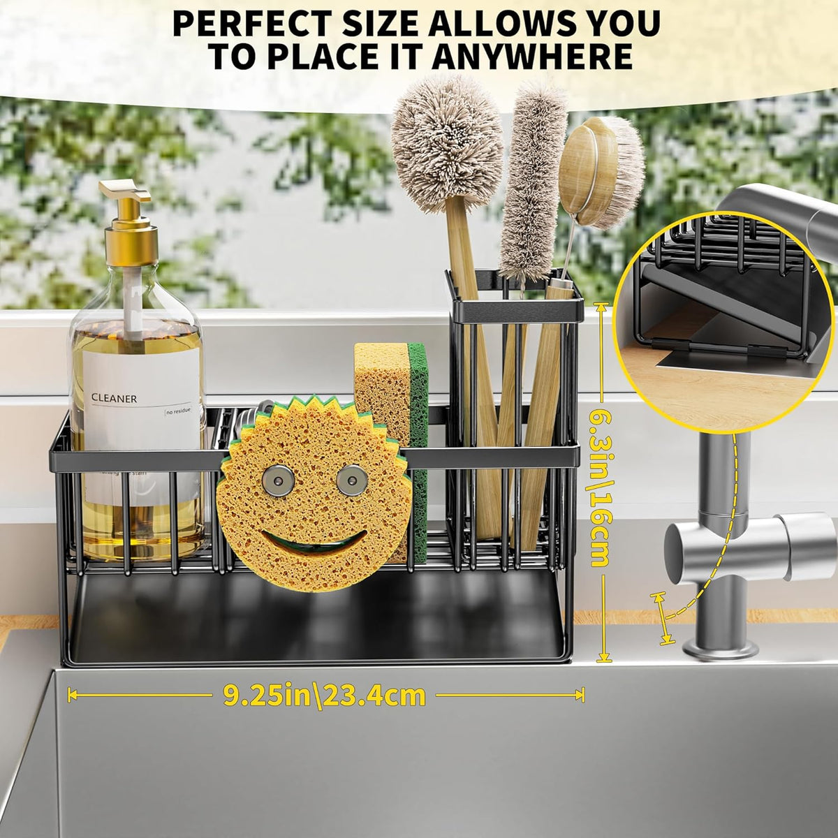 Cisily Sink Caddy With Smiley Face Sponge Holder, 304 Stainless Steel Rustproof(Black)