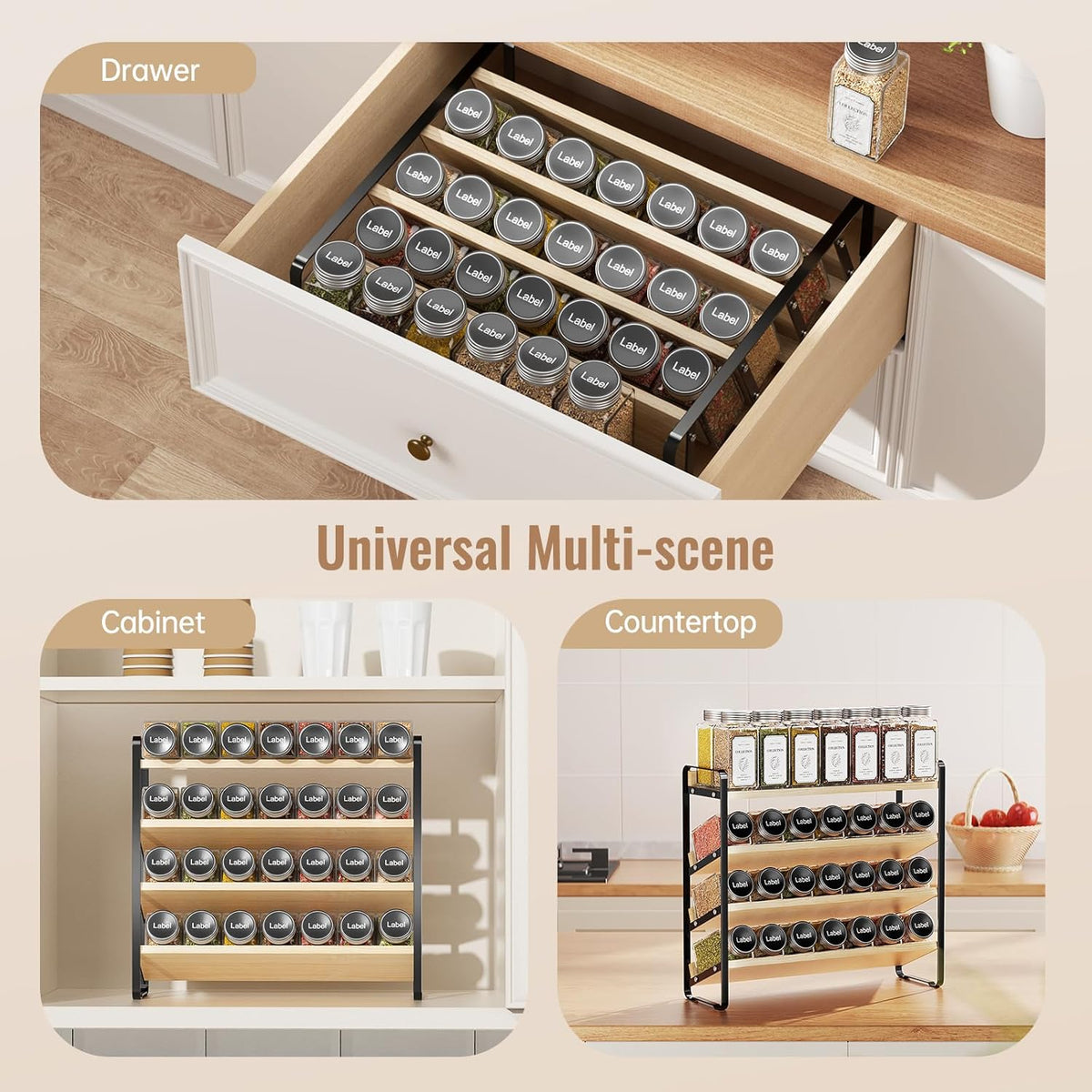 MUDEELA 4 Tier Spice Rack Organizer for Cabinet, Wooden Vertical Spice Shelf, Seasoning Organizer for Countertop, Kitchen, Pantry, Freestanding, 13.4" W × 11.2" H (No Jars Included), Black