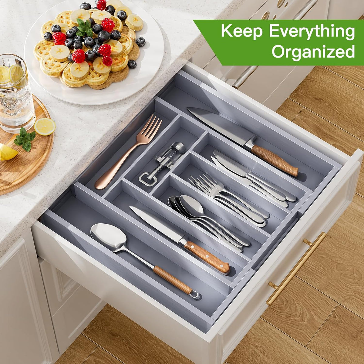 Pipishell Bamboo Expandable Drawer Organizer for Utensils Holder, Adjustable Cutlery Tray, Wood Drawer Dividers Organizer for Silverware, Flatware, Knives in Kitchen, Bedroom, Living Room(M-Grey)