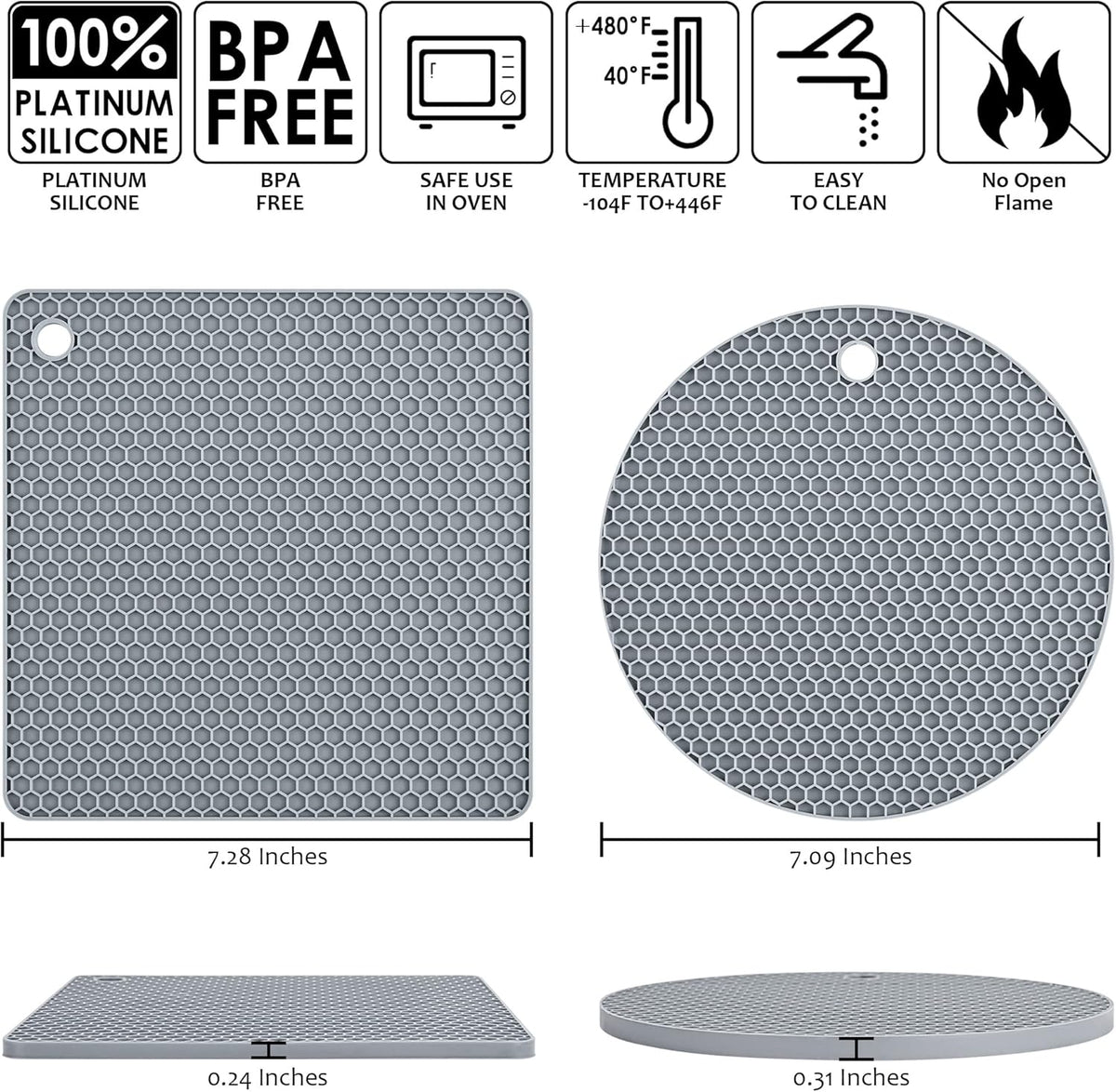 Silicone Trivets for Hot Dishes, Silicone Pot Holders for Kitchen, Trivet Mat Hot Pads for Kitchen, Trivets for Hot Pots and Pans, Heat Resistant Mats for Quartz Countertop, Set 4 Light Gray